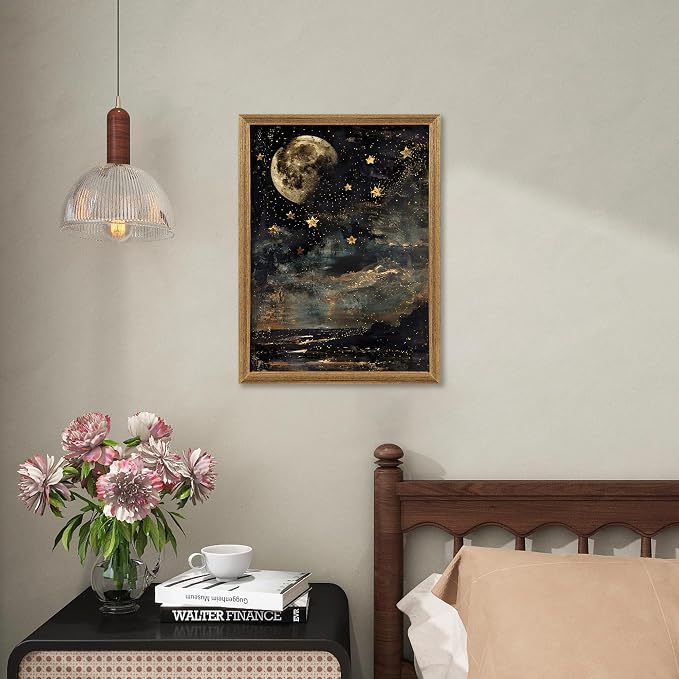 ICHZUMW Framed Moon and Stars Celestial Vintage Canvas Wall Art 12x16 In | Dark Moody Night Sky Painting, Gothic Dark Academia Wall Decor for Bedroom Living Room Bathroom Office, Ready to Hang