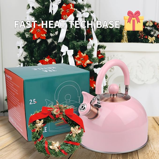 2.6 Quart Pink Whistling Tea Kettle for Stovetop, Stainless Steel Teapot with Cool-Touch Handle, Loud Whistle, Wide Base, Induction Compatible for Gas Electric Glass Cooktops