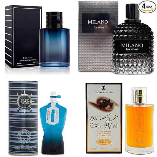 AFLUXE 4-Piece Cologne for Men Includes Choco Musk/SE/Blue for Men Ultra/Milano Scent of Woody, Spicy, Citrus & Aromatic eau de parfum Gift Set Each 100Ml for Daily Use