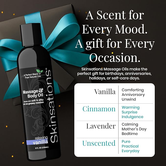 Skinsations – Vanilla Massage Oil for Couples – Relaxing Aromatherapy Body Oil for Massage Therapy – Sweet Almond, Coconut, Jojoba & Grapeseed Blend - 16oz