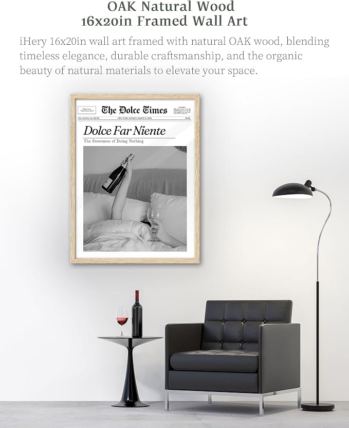 iHery 16x20in Dolce Far Niente Framed Newspaper Wall Art | Natural OAK Wood Frame with Canvas Print, The Sweetness of Doing Nothing Decor for Bedroom, Living Room and Dorm, 1Pack