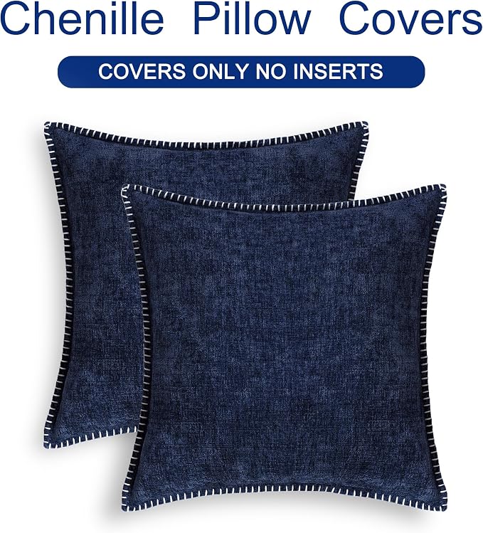 CaliTime Decorative Couch Throw Pillow Covers 16 X 16 Inches Navy Blue | Pack of 2, Cozy Chenille Cushion Cases, Cotton Thread Stitching Edges, for Sofa Bed Living Room Farmhouse