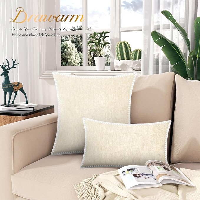 BRAWARM Chenille Throw Pillow Covers 16x16 Inches, Cream, 2 Pack | Decorative Pillow Covers with Shell Edge, Soft Cushion Cases for Sofa Bed Living Room Home Farmhouse (No Insert)
