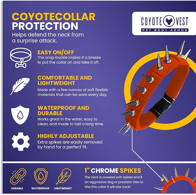 CoyoteCollar Spike Dog Collar, Adj/Replaceable Spikes, Medium, Orange