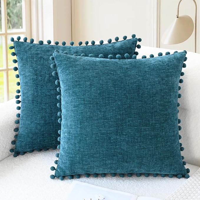 CaliTime Decorative Couch Throw Pillow Covers 22 X 22 Inches Ocean Blue | Pack of 2, Cozy Chenille Cushion Cases, with Pom Poms for Sofa Bed Living Room Farmhouse Home