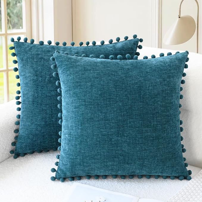 CaliTime Decorative Couch Throw Pillow Covers 16 X 16 Inches Ocean Blue | Pack of 2, Cozy Chenille Cushion Cases, with Pom Poms for Sofa Bed Living Room Farmhouse Home
