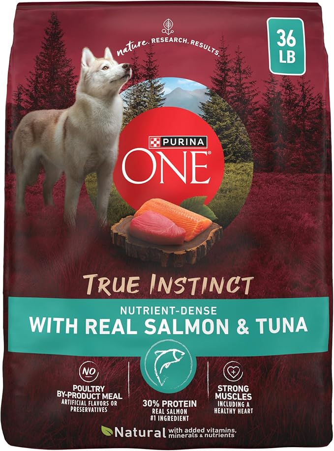 Purina ONE True Instinct Dry Dog Food, Real Salmon & Tuna, 36 lb Bag | Nutrient dense, with 30% protein to help support strong muscles, natural with added vitamins, minerals and nutrients