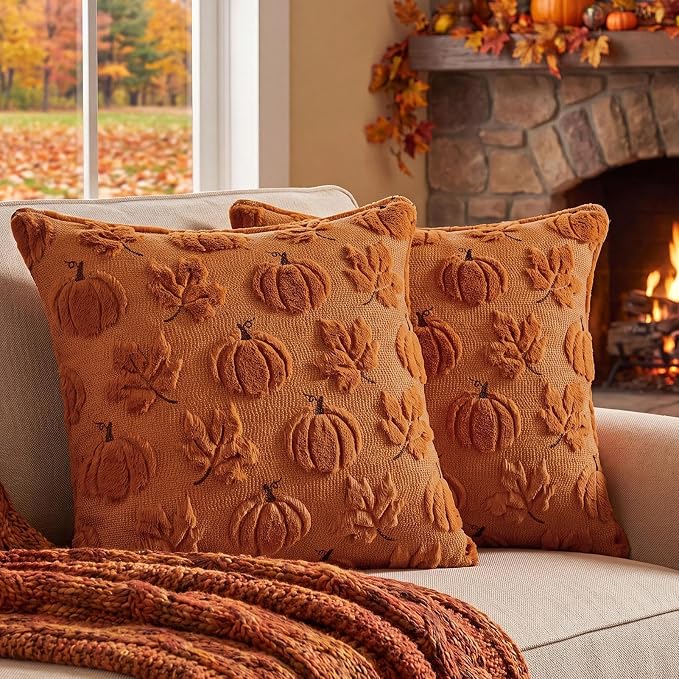 Fall Pillow Covers 20x20 Set of 2 Double-Sided Plush Maple & Pumpkin | Burnt orange throw pillows with raised pumpkin and maple embroidery, designed for bedrooms, sofas, and fall home decor.
