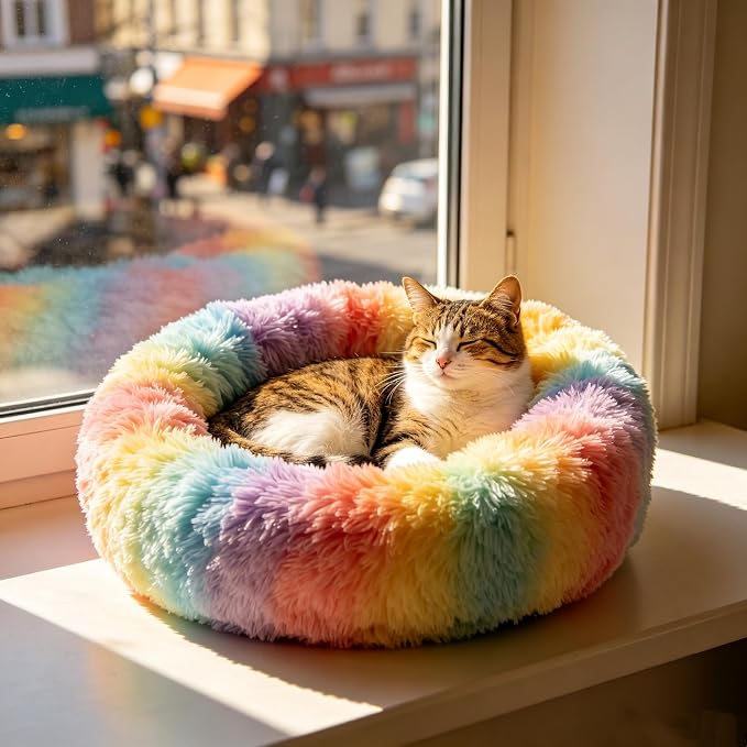 Cat Beds for Indoor Cats - Anti Anxiety Round Dog Beds for Small Medium Dogs, Fluffy Plush Faux Fur Pet Bed (Rainbow, Large 24" L x 24" W)