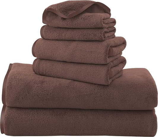 TENSTARS Luxury Silk Hemming Towel Set - Light Thin Quick Drying - 2 Bath Towels 2 Hand Towels 2 Washcloths - Ultra Soft Microfiber Towel for Bath Fitness, Sports, Yoga, Travel (Wood Brown 6 Pieces)