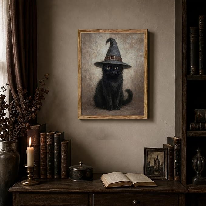 Framed Halloween Cat Wall Art, Vintage Gothic Black Cat Witch Canvas Wall Decor Paintings, Moody Dark Academia Animal Artwork Posters Prints Pictures for Bedroom Living Room 12x16 Inch