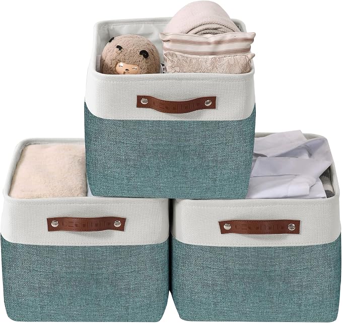 DECOMOMO Storage Bins, Large Fabric Storage Baskets for Shelves 3 Pack | 15 x 11 x 9.5 inches Decorative Linen Closet Organizers (Green & White)