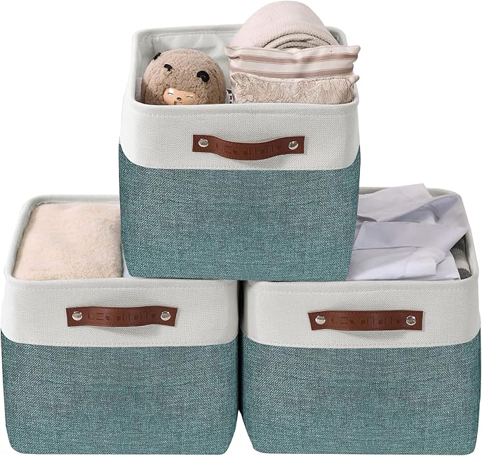 DECOMOMO Storage Bins, Extra Large Fabric Storage Baskets for Shelves 3Pack | 15.8 x 12.5 x 10 inches Decorative Linen Closet Organizers (Green & White)