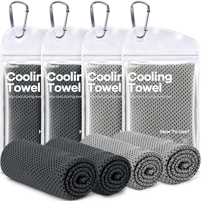 ROXUN 4 Pack Cooling Towels, 40''x12'' Soft Breathable Chilly Neck Ice Rags | Workout Running Golf 2 Gray+2 Dark Gray