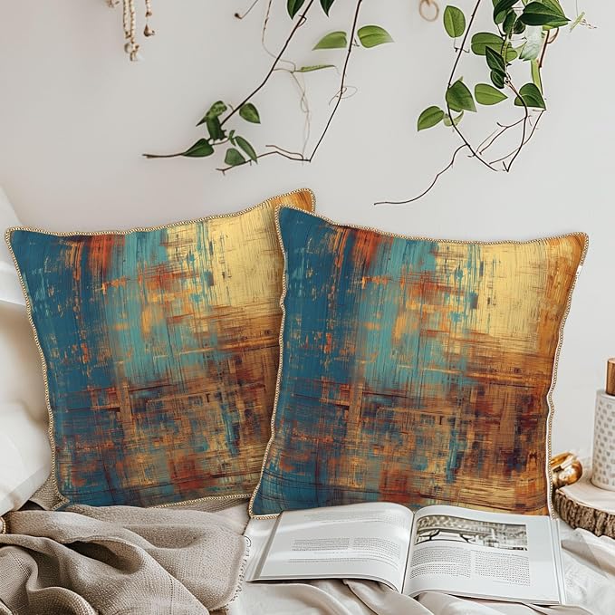 Vintage Abstract Teal Orange Velvet Pillow Covers 16x16 InchMessy Blue Rust Throw Pillows for Couch Cushion Covers Pillowcase Retro Colorful Art Pillow Cases for Sofa Bed Living Room