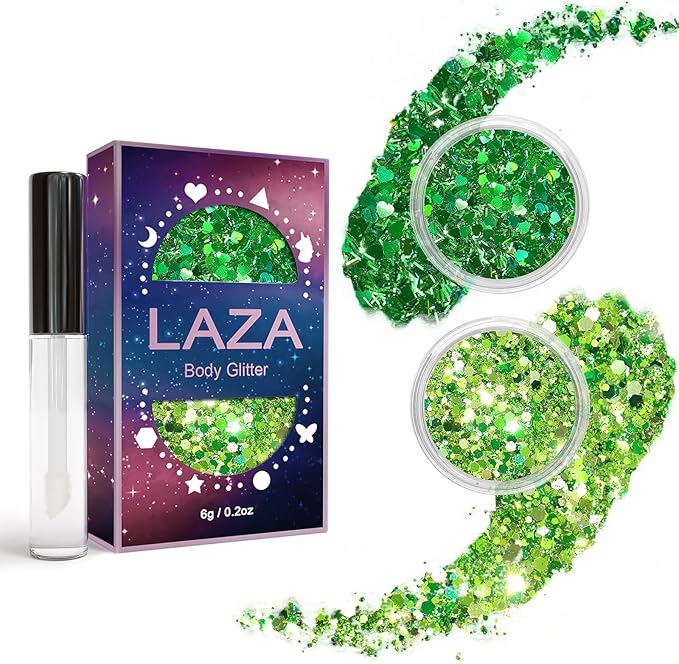 Laza 2 Jars St. Patrick’s Day Body Glitter Iridescent Chunky Sequins with Glitter Glue Women Eyeshadow Makeup Face Paint Festival Rave Outfits Hair Accessories Carnival Brat Party Costumes-Green Field
