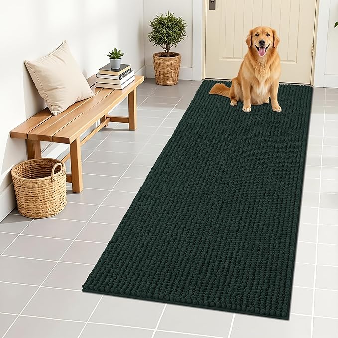 OLANLY Dog Door Mat for Muddy Paws 59x24, Extra Absorbent Chenille Mud Mat | Blackish Green, Absorbs Moisture and Dirt, Non-Slip Machine Washable Doormat, Quick-Drying Indoor Entryway Floor Mat for Dogs