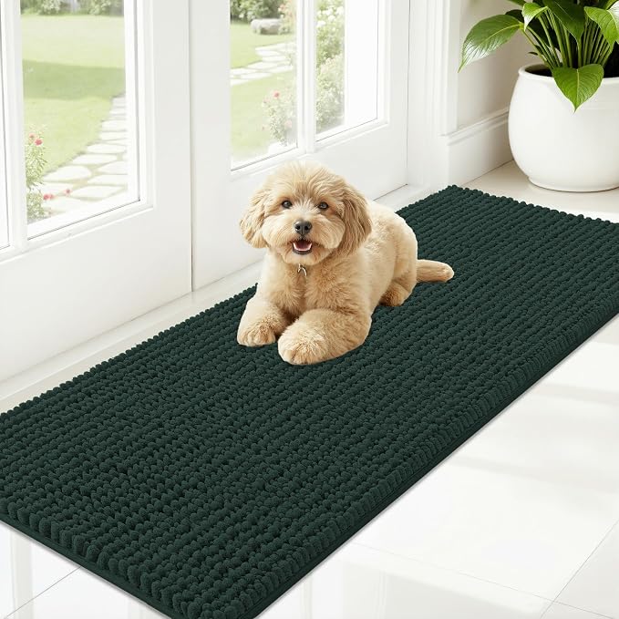 OLANLY Dog Door Mat for Muddy Paws 59x20, Extra Absorbent Chenille Mud Mat | Blackish Green, Absorbs Moisture and Dirt, Non-Slip Machine Washable Doormat, Quick-Drying Indoor Entryway Floor Mat for Dogs