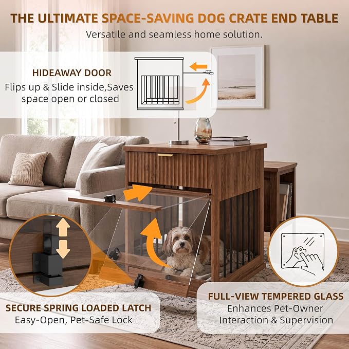 Dog Crate Furniture,Wooden Dog Kennel End Table,Walnut