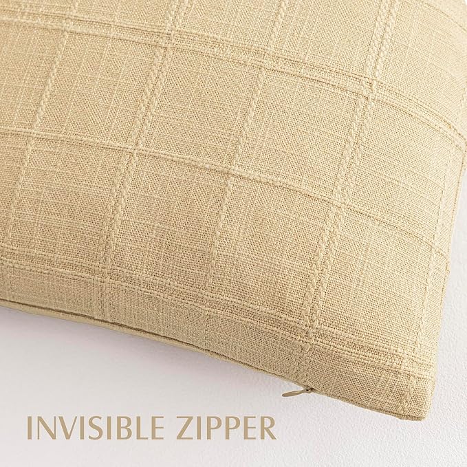Foindtower Set of 2 Decorative Linen Check Throw Pillow Covers Neutral Farmhouse Vintage Cushion Covers Cozy Modern Boho Accent Home Decor for Sofa Chair Couch Bed Living Room,14×36 Inch,Light Yellow