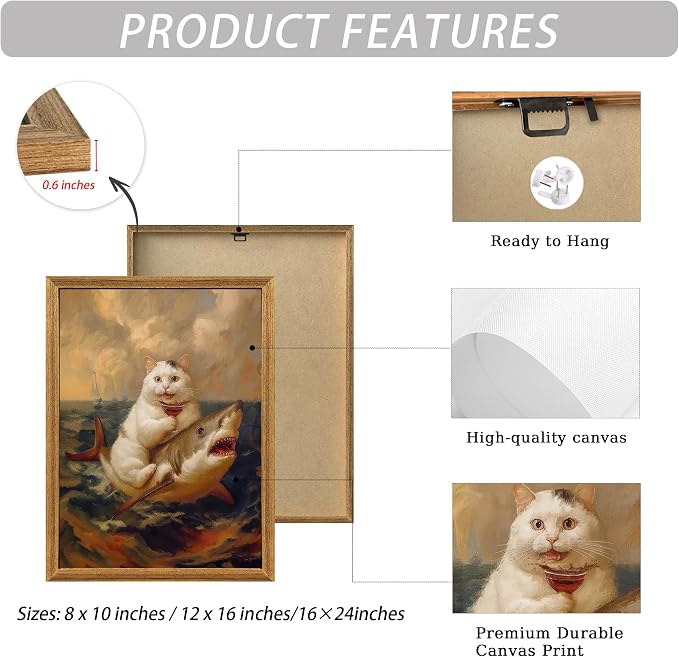 ICHZUMW Framed Funny White Cat Riding Shark Ocean Canvas Wall Art 16x24 In | Quirky Cat Drinking Wine Riding Shark Oil Painting, Humorous Bathroom Wall Decor, Bedroom Restroom Powder Room, Ready to Hang