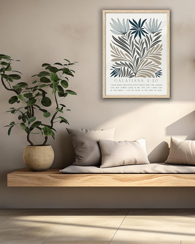 EcoHest 12x16 in Galatians 2:20 Botanical Floral Framed Christian Wall Art | Natural Oak Wood Frame, Canvas Wall Art, Nature Scripture Bible Verse Decor for Bedroom, Living Room, Office, Church, 1Pack