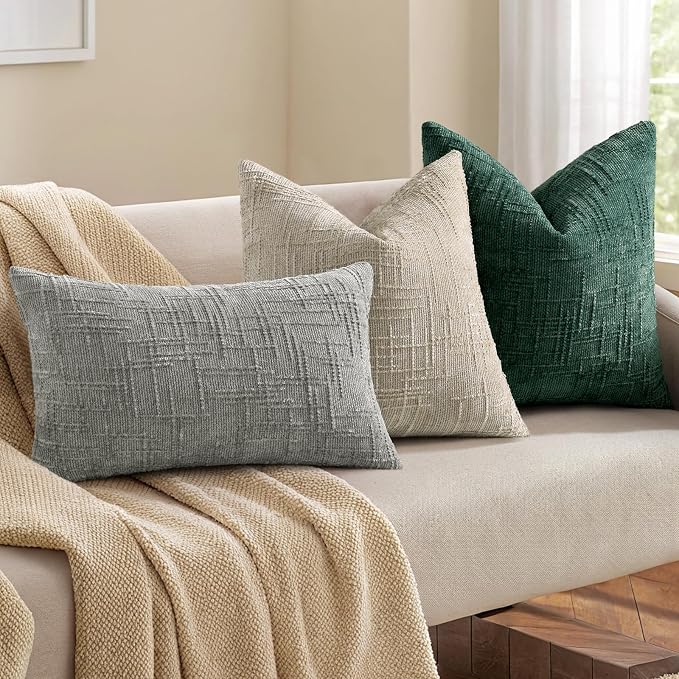 decorUhome Textured Chenille Throw Pillow Covers 18x18 Set of 2 Green | Fall Modern Farmhouse Soft Cozy Slubby Couch Pillow Cases Boho Decorative Pillow Cases for Bed Sofa Living Room Home Decor