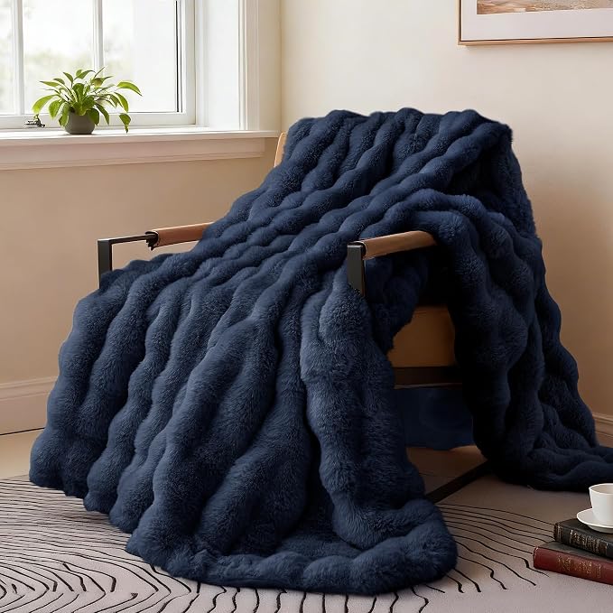 Comelady Soft Fluffy Faux Fur Throw Blanket 50"x60", Bubble Plush Texture | Navy Blue Thick Fuzzy Throw, No-Shedding, Aesthetic & Cozy for Couch Bed Room Decor, Warm Gift for Women Men