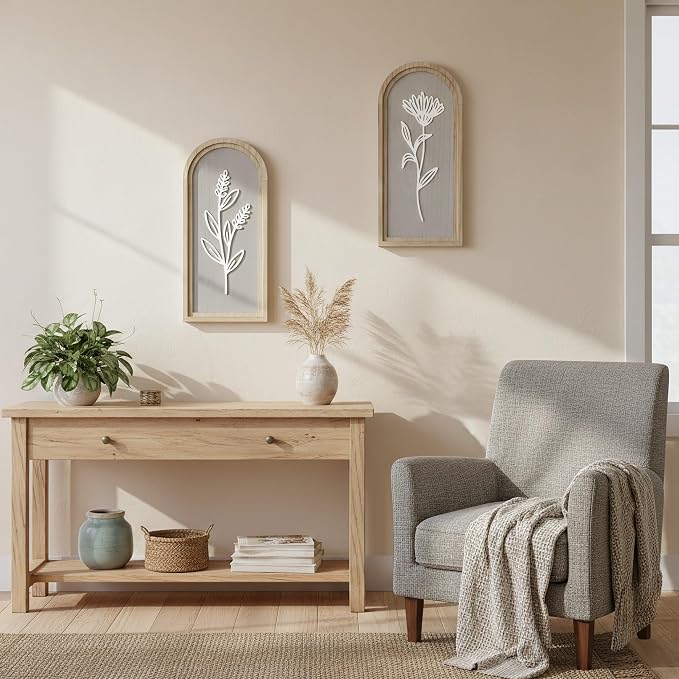 Gray Bathroom Wall Decor Set of 2, Arched 3D Wooden Floral Wall Art Panels | Raised white floral cutouts in arched frames, ready to hang; neutral boho farmhouse decor for bedroom, hallway and entryway