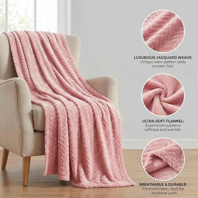 Exclusivo Mezcla Soft Fleece Blanket Queen Size for Bed, Sofa, Pink | 90"x90" Breathable Lightweight Flannel Blanket for Summer, Plush Cozy Jacquard Wave for Home Decor