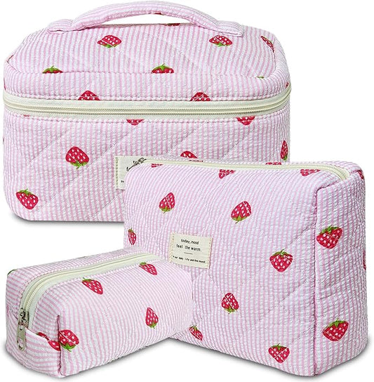 GISMTR 3Pcs Makeup Bag Cotton Quilted Travel Cosmetic Bag Cute Floral Makeup Pouch Large Toiletry Bag for Women Girls