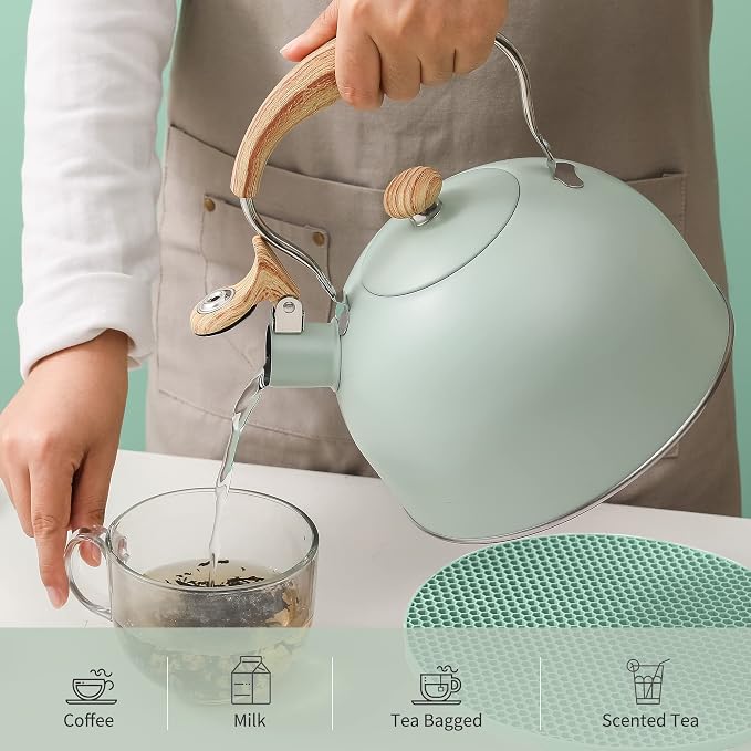 LONFFERY Tea Kettle for Stove Top, 2.5 Quart Whistling Tea Kettle, with Food Grade Stainless Steel and Wood Pattern Folding Handle, Turquoise