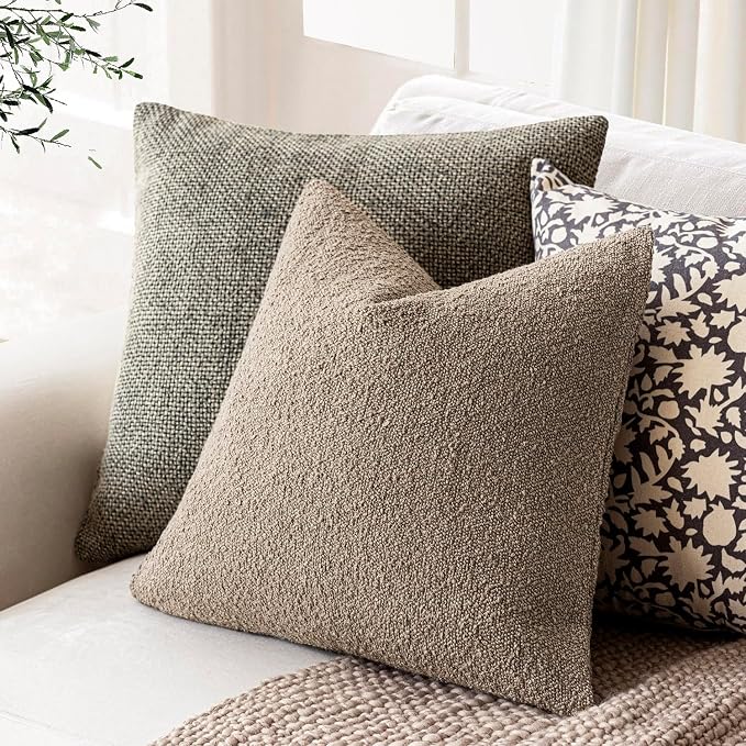 Foindtower Set of 2, Decorative Textured Boucle Throw Pillow Covers Accent Solid Pillow Cases Neutral Cozy Couch Cushion Case for Chair Sofa Bedroom Living Room Home Decor 16x16 Inch Light Khaki Tan