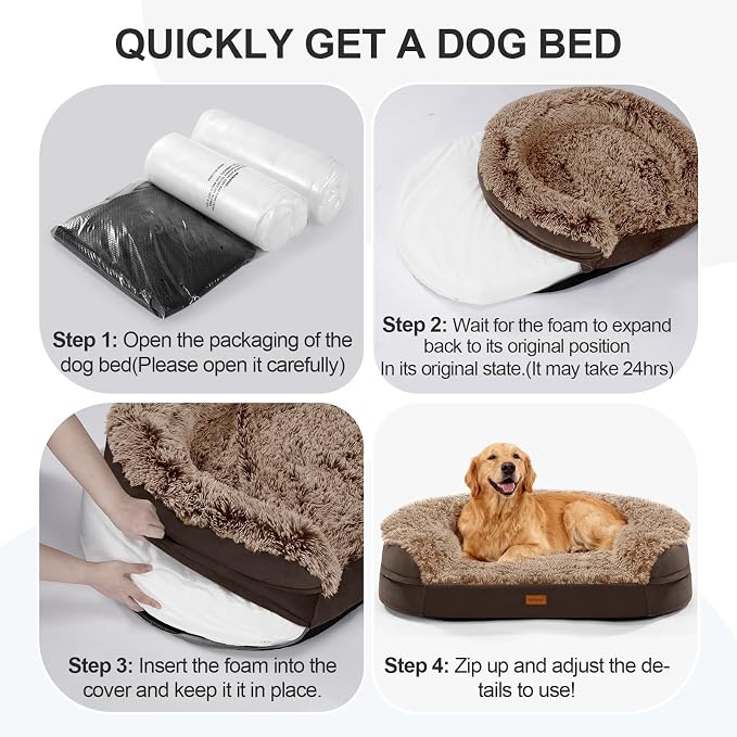 Fluffy Calming Jumbo Orthopedic Dog Beds for Extra Large Dogs, Supportive Dog Sofa Bed with 3.7 inch 28D Egg-Crate Foam, Removable Washable Plush Cover, Waterproof Lining, 48’’,Brown