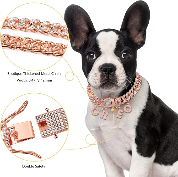 Custom Dog Chain Collar with Name, Diamond Collars Metal Chain Necklace with Secure Buckle, Cuban Style Jewelry Accessories for Puppy Small Medium Large Dogs(Rose Gold, 8 Inch)