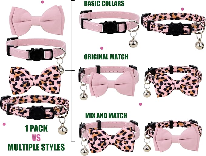 Collar for Cat Pet Breakaway with Bell Bowtie Detachable Bow Adjustable Safety Kitten Puppy Girl Boy 2pcs Pink Leopard & Pure