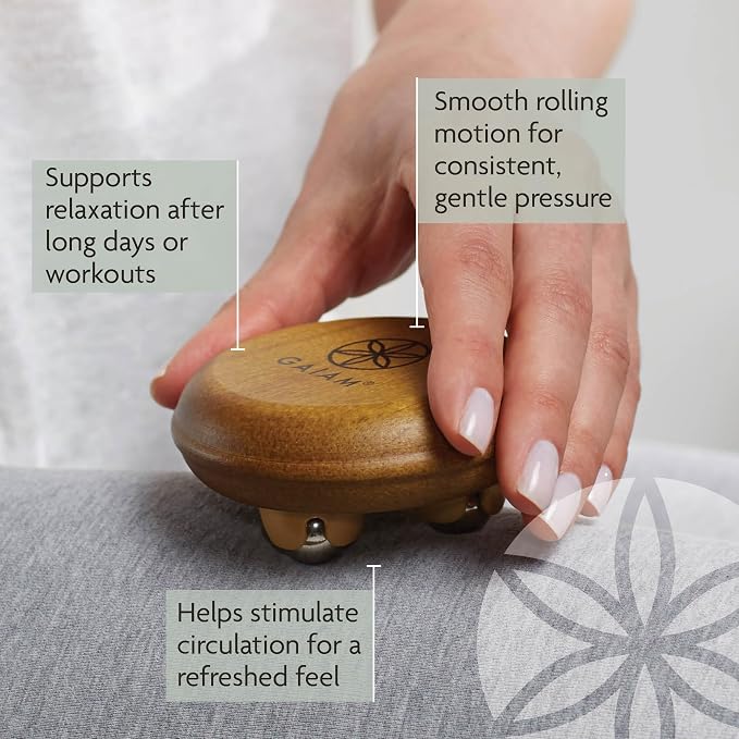 Gaiam Relax Handheld Massager – Portable Wood Massage Tool with 3 Free-Rolling Stainless Steel Balls for Sore Muscle, Tension & Blood Circulation Relief