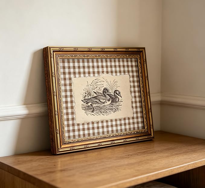 Vintage Gold Framed Wall Art, Brown Gingham Sketch Ducks Canvas Prints, Retro Rustic Farmhouse Animal Picture Wall Decor, Country Cottagecore Goose Poster Artwork for Living Room Bedroom