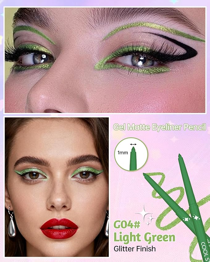 Glitter Gel Eyeliner Pencil,Retractable Cream Green Eye Liner Pencils,Waterline Eye Makeup Liners,Waterproof&Smudge Proof Glitter Eyeliner Facial Makeup Gift for Mature Women,Girl, Christmas-G04 Green