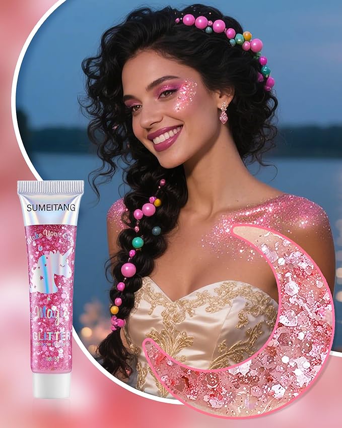 6PCS Pink Face Body Glitter Gel，Mermaid Holographic Sequins Chunky Glitter Paint for Party Singer Concerts Music Festival Rave Accessories for Girls Women Face Body Hair Sparkling Makeup
