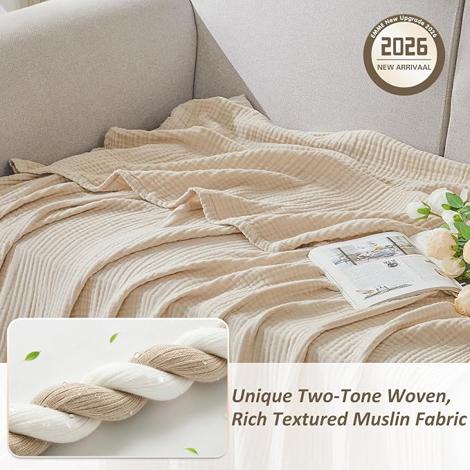 EMME Cotton Muslin Twin XL Blanket Breathable Gauze Soft Lightweight Blankets Adults Gifts for Women (Heather Beige, 66"x90")