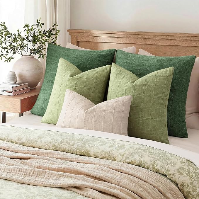 Foindtower Set of 2 Decorative Linen Check Throw Pillow Covers Neutral Farmhouse Lumbar Cushion Covers Modern Boho Accent Home Decor for Sofa Chair Couch Bedroom Living Room,12×20 Inch,Light Green