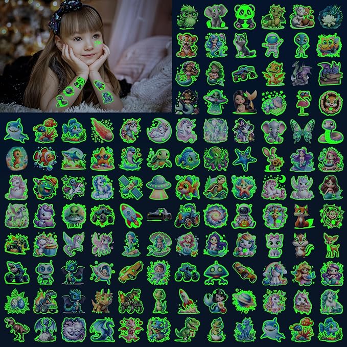 Luminous Temporary Tattoo for Kids, Mixed Styles Glow Fake Tattoos Stickers with Mermaid Truck Racing Car Dinosaur Dolphin Shark Space for Girls Boy Body Arm Party Makeup Supplies Gifts, 117PCS