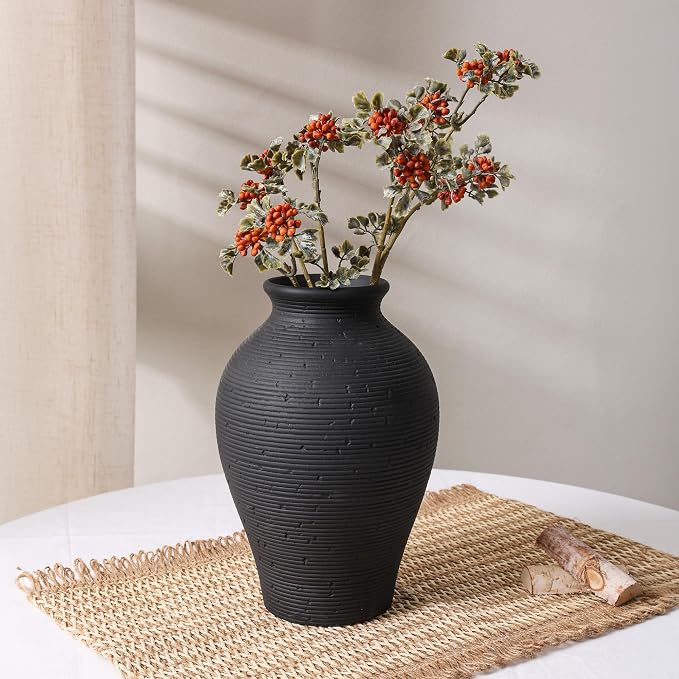 Ceramic Flower Vase Home Decor, 9 in Farmhouse Table Vases Rustic Vintage Living Room Kitchen Bedroom Pottery Decorative Vases for Flowers House Book Shelf Office Coffee Desk Dining Entryway, Black