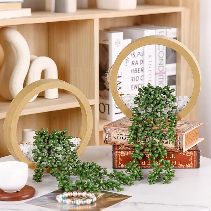 Der Rose 2 Pack 15" Fake Hanging Plants in Wood Tone Pots for Boho Decor | Cascading string of pearls, warm wood-look planters, included ropes suitable for bathroom bedroom living room boho wall decor