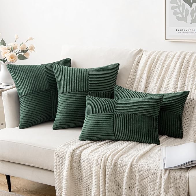 MIULEE Army Green Decorative Throw Pillow Covers for Couch 18x18 Inch | 2 Pack, Boho Farmhouse Pillow Covers, Soft Cross Corduroy Patchwork Textured Cushion Cases For Bed Sofa