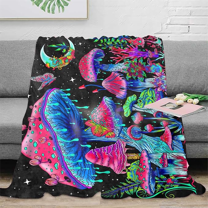 Blacklight Mushroom Throw Blankets Glow in the Dark Black Light Plant Throw Fantasy UV Reactive Mushroom Butterfly Moon Blanket Cute Throw for Bedroom Dorm Decor 59”x51”