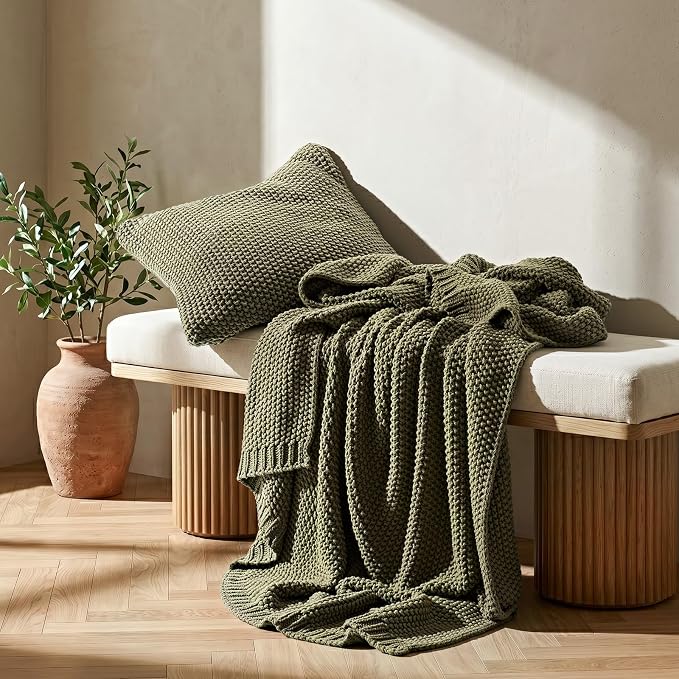 Organic Cotton Chunky Knit Throw Blanket, 50 x 60 Olive Green | OCS Certified Organic Cotton, Seed Stitch Knit, Soft & Breathable, Cozy Midweight, Decorative Throw for Couch, Bed & Sofa