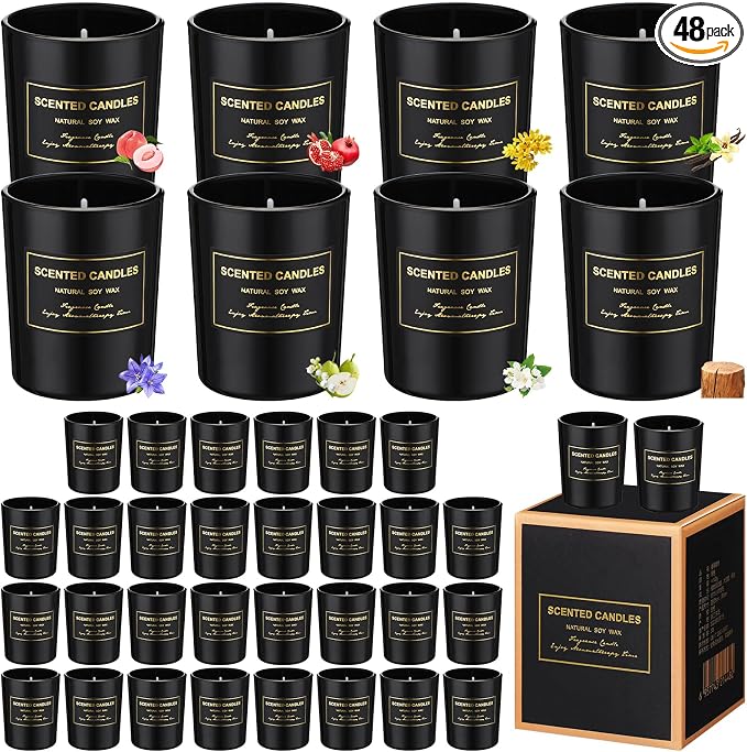 MTLEE 48 Pcs Scented Candles Bulk End of Year Teacher Thank You Gift Candles Wedding Aromatherapy Soy Wax Jar for Birthday CNA Week Appreciation Staff Coworker Guest Favor(Black)