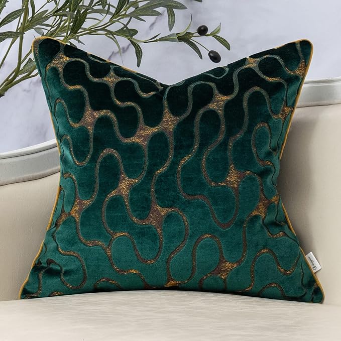 Green Square Throw Pillow Cover Wavy Velvet Cushion Cover Modern Zippered Pillowcase for Sofa Couch Bedroom Living Room Chair, 20 x 20 Inch
